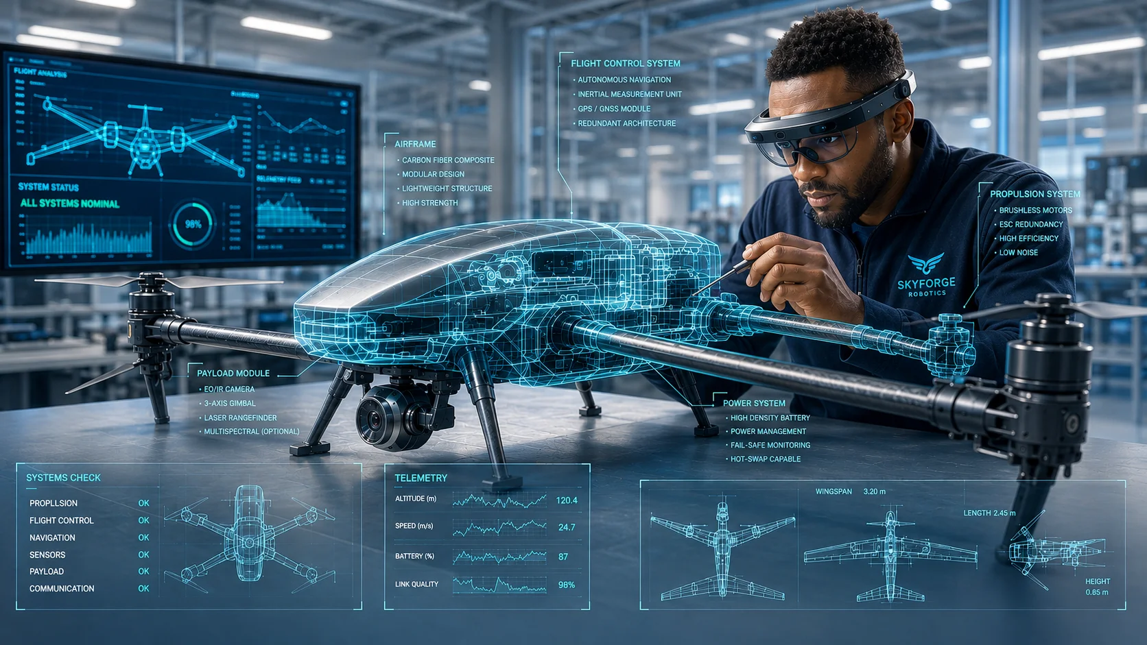 Engineer reviewing a drone with augmented design overlays