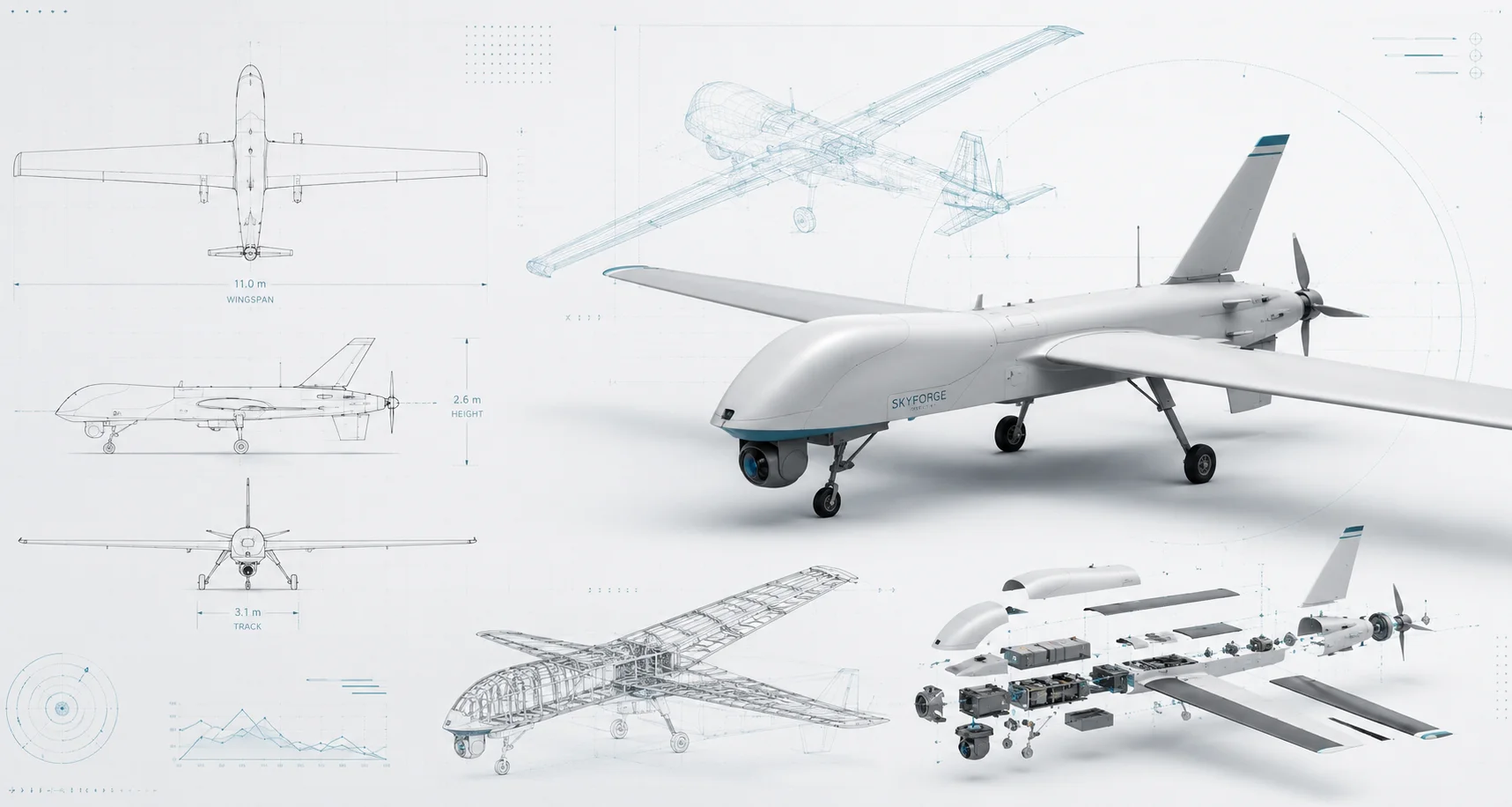 UAV platform orthographic concept and exploded engineering views
